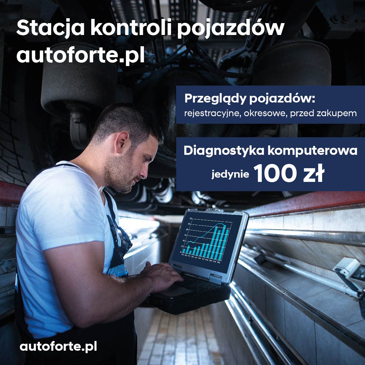 Diagnosta w tle samochód na podnośniku, Diagnostyka 100 zł, przeglądy okresowe, rejestracyjne, przed zakupem